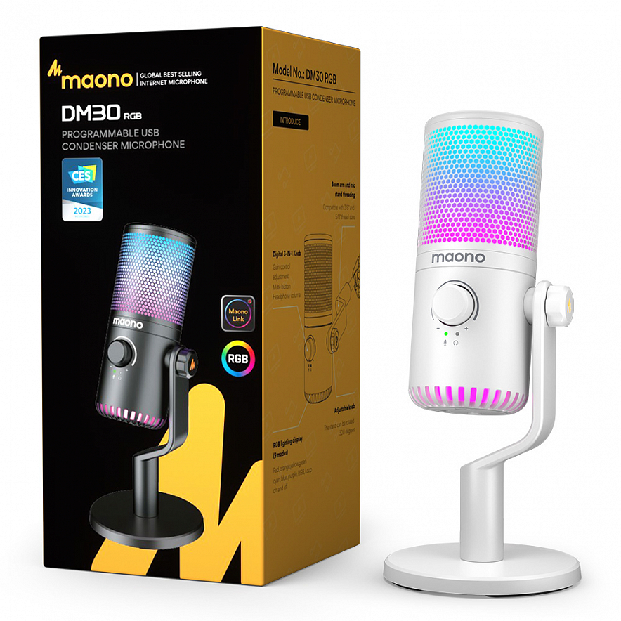 Maono DM30RGB, конденсаторный USB микрофон, частота дискретизации 24bit/48kHz, белый6