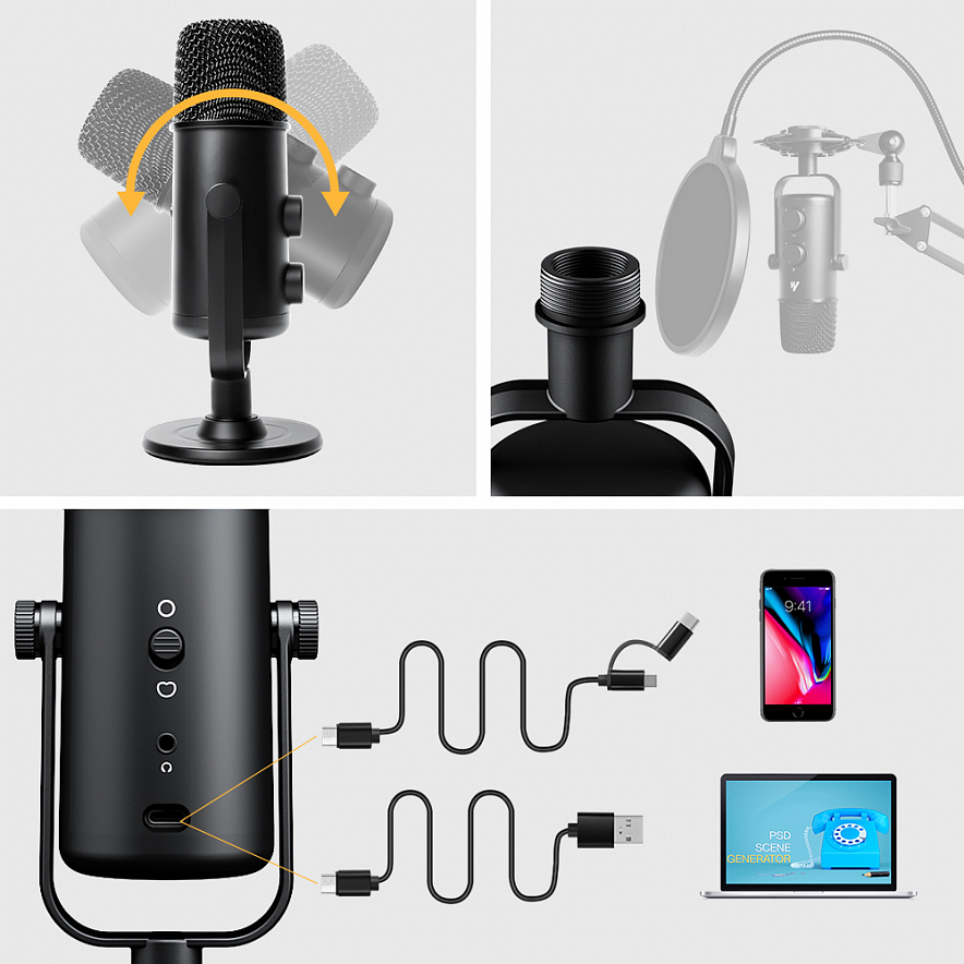 Maono AU-903 FAIRY USB-микрофон, конденсаторный кардиоидный/всенаправленный, 2 капсюля 14 мм.3